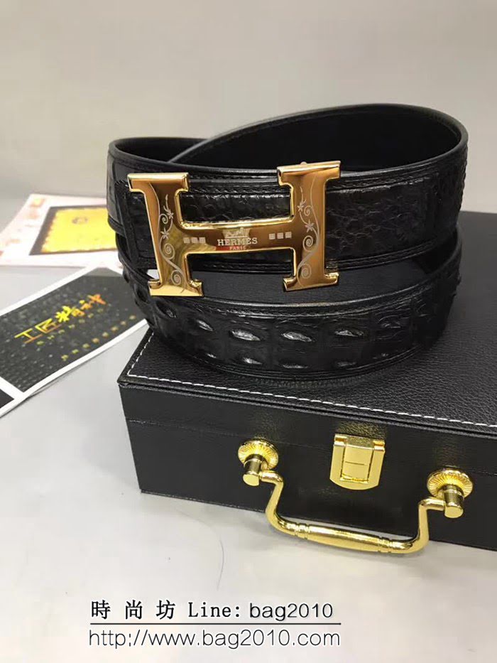 愛馬仕HERMES 真鱷魚骨皮尾部不拼接皮帶 高端男士皮帶 HHG1352